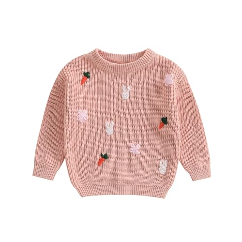 Geagodelia Girl Easter Baby Toddler Spring Knit Sweater Carrot Bunny Flower Warm Long Sleeve Pullovers Outfit Clothes Tops (Pink, 9-12 Months)