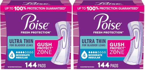 Image of Poise Ultra Thin Incontinence Pads & Postpartum Pads for Bladder Leaks, 4 Drop Moderate Absorbency, Regular Length, Packaging May Vary,144 Count (Pack of 2)