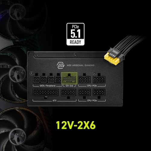 MSI MAG A1000GLS PCIE5 - Alimentatore da gioco compatto completamente modulare, 1000 W, 80+ oro, ATX 3.1 e PCIe 5.1 Ready, cavo nativo bicolore 12V-2x6, a basso rumore, cavo guaina in rilievo, 10 anni - Alimentatore - Immagine 2