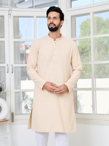 Image of See Designs Men's Full Sleeve Mandarin Collar Geometric Sequins Embroidered Thread Work Straight Long Kurta - Festive Collection