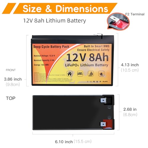 Image of 12V 100Ah 8Ah LiFePO4 Lithium Battery, Smart 100A BMS & Low Temp Cut-Off, 4000-15000 Deep Cycle 10-Year Life Lightweight Replacement Waterproof (12V 8Ah)
