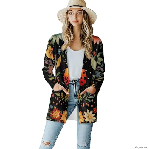 Image of Forchrinse Red Ladybug Cardigan for Women Causal Long Sleeve Open Front Cardigans Sweater Fashion 2024 Fall Coat with Pockets