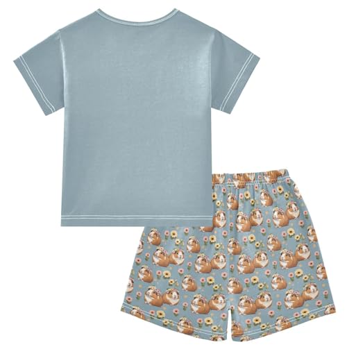 senya Cute Capybara Flower Summer Pajamas Set Short Cotton Sleepwear 2 Piece2