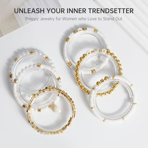 6Pcs Surfer Heishi Friendship Bracelets Set Stackable Stretch Clay Bead Bracelets for Women Preppy Elastic Layering Bracelets Boho Aesthetic Summer Beach Jewelry (white)3