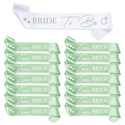 Shining She 15 Pieces Hen Party Accessories Sashes Sets 14 Spring Summer Trends Sage Green Team Bride Sashes 1 White Bride to Be Sash for Hen Party Wedding Bridal Shower Party Decorations