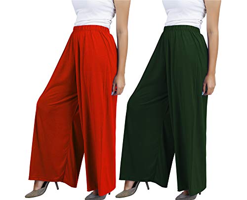 Image of Buy That Trendz M to 4XL Cotton Viscose Loose Fit Women M to 6XL Flared Wide Leg Palazzo Pants for Orange Bottle Green 2 of Pack Combo XXX-Large