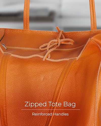 Image of Genuine Italian Leather Tote Bag for Women, Large Slouchy Purse, Orange | Unstructured bag, raw unlined interior with zip pocket, top zipper, side ties, folds flat, fits a 16-inch laptop, lightweight