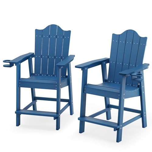 LUE BONA Tall Adirondack Chairs Set of 2, HDPS Poly Balcony Chair with Cup Holder, All-Weather Adirondack Chair Bar stools, Outdoor Adirondack Barstools for Deck, Patio