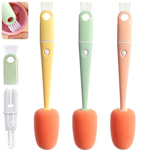 Image of Bottle Cleaning Brush 3 PCS Long Handle Bottle Brush 4 in 1 Detachable Multifunctional Sponge Bottle Brushes with Nipple Cleaning Brush and Bottle Gap Cleaner Brush (3PCS)