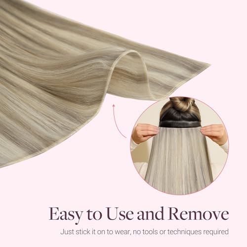Image of GOO GOO Tape In Weft Hair Extensions Human Hair, Genius PU Long Weft Tape In Hair Extensions Real Human Hair, Silky Easy to Use, P17A /60A Ash Blonde Highlighted Platinum Blonde 24 inch 120g