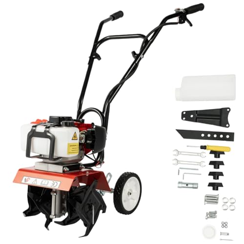 Motoazada de jardín, 52 cc, actualización de 2 tiempos, motoazada de gasolina, 30 cm de ancho de trabajo, 3-12 cm de profundidad de trabajo, 1900 W, para jardín, patio, campo