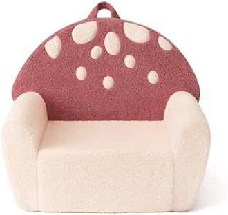 Blissful Diary Toddler Chair Comfy, Foam Kids Chair with Soft Teddy Plush, Toddler Reading Armchair with Cute Mushroom Designs- Rusty Red