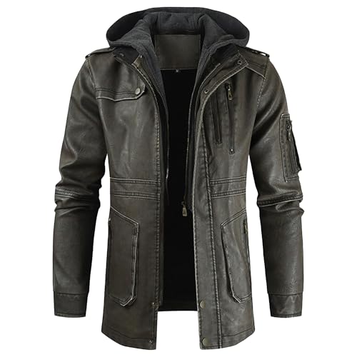 Mens Mid Length Leather Jacket Hooded Thick Motorcycle Leathers Coat Winter Zipper Bomber Biker PU Coats