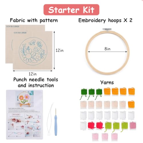 Image of PATPAT 2 Sets of DIY Punch Needle Kits Cute Tufting Art Craft Needle Embroidery Kit with Hoop Flower Pattern for Craft Lovers Beginners DIY Home Decor