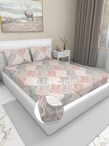 Image of Blue Strip 300 TC Cotton Feel Glace Cotton Elastic Fitted Printed Queen Size Double Bed Bedsheet with 2 Pillow Covers Fits Upto 8 inches,Size- 60x78x8 Inches