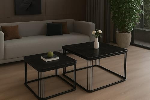 Image of Brown Art SHOPPEE Square Coffee Table Home Decor Furniture Coffee Table Sets,2 Piece MDF Top,Stacking Nesting Table with Iron Frame for Living Room Living Room or Lounge (Full Black)