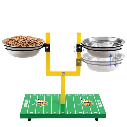 NFL Minnesota Vikings Goalpost Football Field Dog Feeder  Adjustable Elevated Dog Bowls with Stand, 2 Stainless Steel Bowls, Non-Slip Rubber Feet, Raised Pet Feeder for Large & Small Dogs, Cats.