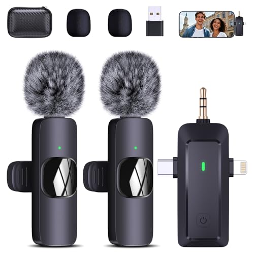 QINOJA Wireless Lavalier Mikrofon für iPhone/Handy/Kamera/Computer - 4 in 1 Ansteckmikrofon Kabellos mit Popschutz Windschutz für Videoaufzeichnung, Live-Streaming, Vlog, TikTok