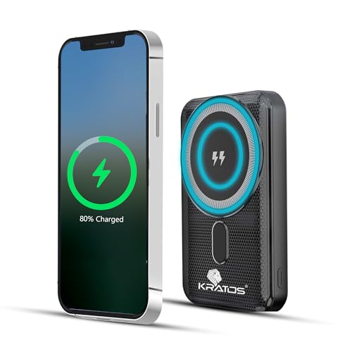 Kratos 22.5w Fast Charging wireless power bank for iPhone,10000mAh,USB Type C Connector,15w Wireless Output,for magsafe powerbank for iphone 12&above,All wireless Enable phone of Samsung,Oneplus,Black
