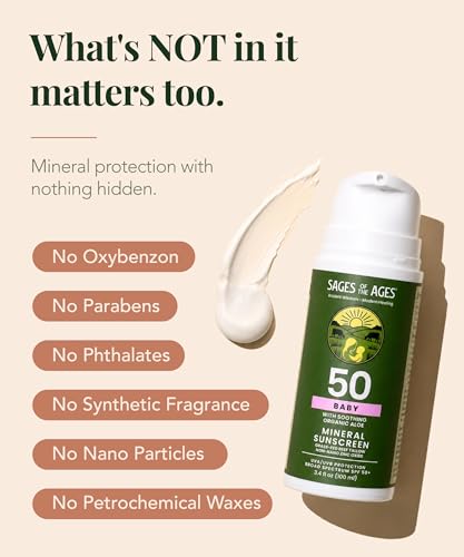 Image of Mineral Baby Sunscreen SPF 50 with Beef Tallow for Face & Body, No White Cast, Non-Nano Zinc Oxide, UVA /UVB Protection, Fragrance Free, Reef Safe, 80 Min Water Resistant, 3.4 fl oz