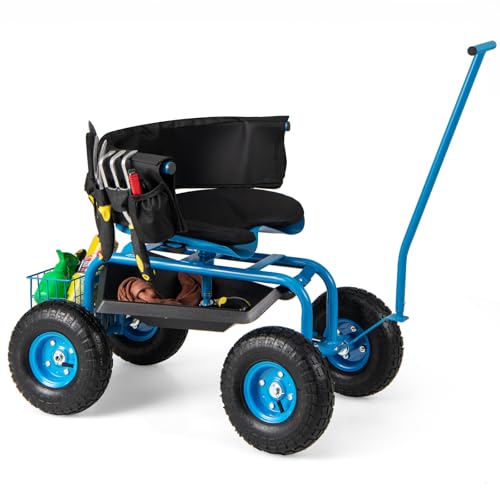 Goplus Rolling Garden Seat with Wheels, Outdoor Garden Cart with 360° Swivel Seat & Tool Storage, 2 Steering Handles, Gardening Stool Wagon Scooter, Lawn, Patio Gardening Workseat for Seniors