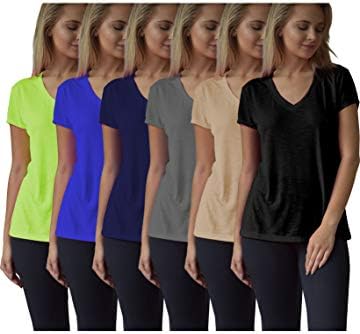 Women's Everyday Flowy Slub Burnout Active Casual Workout V Neck T Shirt Tops- 6 Pack