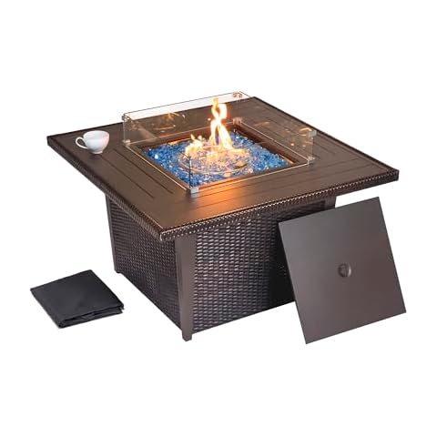 Kinger Home Ethan 42-Inch Rattan Propane Gas Fire Pit Table, Outdoor Smokeless Patio Firepit, 50,000 BTU, CSA Certified, Includes Fire Glass & Wind Guard Cover