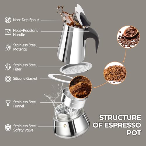 Image of Stainless Steel Moka Pot Express Coffee Maker Stovetop Espresso Percolator Coffeemaker Italian Classic Style Brewing Greca Cafe Mocha Machine for Cafeteras Lover Camping Travel 6 Cup 300ml