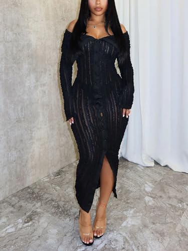 Sexy Button Down Dresses for Women Date Night Off Shoulder See Through Mesh Ruffle Bodycon Maxi Dress2