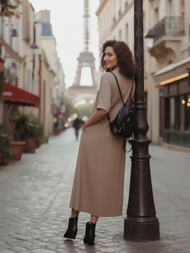 Image of Varanga Casual Flowy Midi Dress for Women | Solid Beige A-Line Maxi Dress with Collar & Pockets | Comfortable Summer Dress for Women