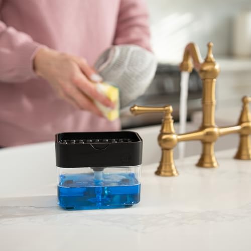 S&T INC. Dish Soap Dispenser and Sponge Holder for Kitchen Sink with Enhanced Features, Sponge Included, 13 Ounces, Matte Black
