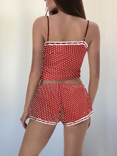 Image of Yuemengxuan Women Y2k Polka Dot Pajamas Sets 2 Piece Sexy Summer Outfits Set Sleeveless Strappy Cami Top Crop Top Shorts Set