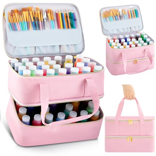 Image of Abbylike Acrylic Paint Organizer Case for up to 56 Bottles (2 Oz) Double Layer Art Supply Storage Bag Alcohol Ink Storage Paint Carry Case with Foam Insert and Inner Pocket(Pink)
