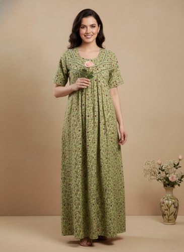 Image of Bahumaan Cotton Nighty for Women Full Length Stylish | Floral Print Cotton Maxi Dress for Women with Pocket | Sleepwear Gown for Women