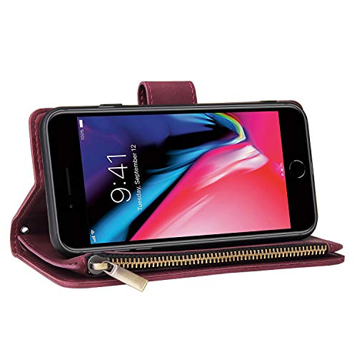 CHICASE Wallet Case for iPhone SE 2020,iPhone 7/8 Case,Leather Handbag Zipper Pocket Card Holder Slots Wrist Strap Flip Protective Phone Cover for Apple iPhone 7/8/iPhone SE 2020(Wine Red)