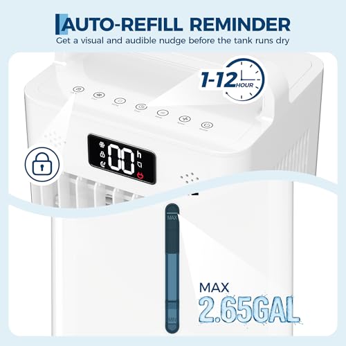 Image of Garvee Evaporative Air Cooler, 10L (2.6Gal) Portable Cooler Fan with TOUCH SCREEN & Remote Control, 3 Speeds & 3 Modes, LED Display, Ice Packs & Casters Included, for Bedroom, Office, Home