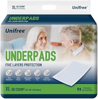Unifree Disposable Underpads, Bed Pads, Incontinence Pad, Super Absorbent, 50 Count, Blue (XL 30x36 Inch)