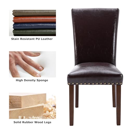 Image of COLAMY Upholstered Parsons Dining Chairs Set of 2, PU Leather Dining Room Kitchen Side Chair with Nailhead Trim and Wood Legs - Dark Brown