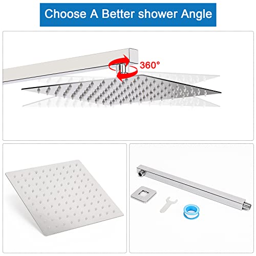 Harjue Shower Head With Extension Arm, High Pressure Square Shower Head With Showerarm, Stainless Steel Rainfall Showerhead-Waterfall Full Body Coverage (10'' Showerhead With 16'' Arm, Chrome) #TOP4