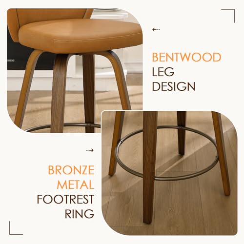 Image of HNY Swivel Counter Height Bar Stools Set of 6, 26 Inch Barstools with Wanlut Wooden Leg and Back, Faux Leather Upholstered Counter Stools for Kitchen Island, Brown