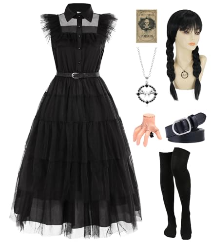 Mittwoch Kostüm Kleid Damen Schwarzes Gotisch Kostüm Erwachsener Mittwoch Familie Cosplay Kleider mit Aufkleber Perücke Socken Perückenkappe...