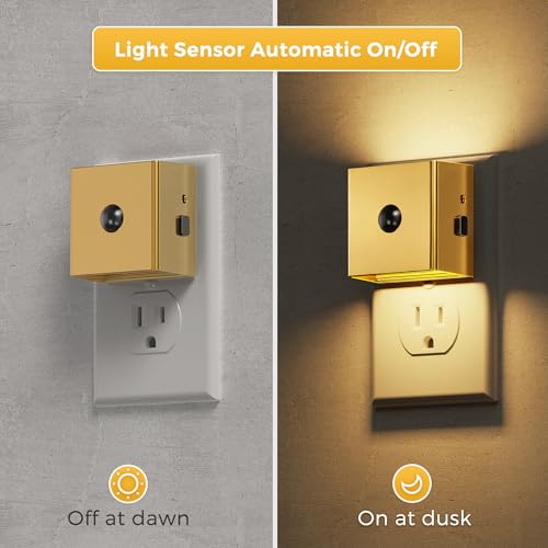 Image of L LOHAS LED Night Light,Plug in Night Light with Motion Sensor and Dusk to Dawn Sensor, Brightness Adjustable,3000K Soft White, Gold Nightlight for Bathroom Hallway Kitchen