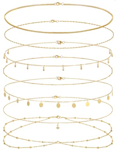 Tornito 8Pcs Waist Chain 18K Gold Plated Belly Chain Sexy Bikini Summer Beach Layered Satellite Beads Coin Sequin Octagram Star Box Chain Body Jewelry Gifts for Women Gold Silver Tone Adjustable