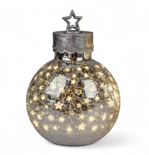 formano LED Deko-Kugel 30cm Silber Sterne Glaskugel mit Timer 6h/18h...