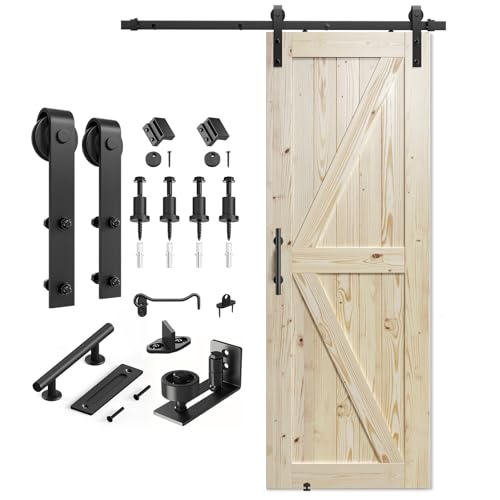 SMARTSTANDARD 30in x 84in Sliding Barn Door with 5ft Barn Door Hardware Kit Included Unfinished Solid Spruce Wood Door Assembly Required DIY Stainable Natural