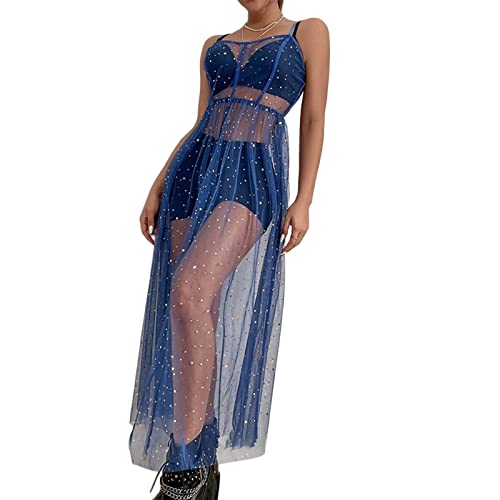 Women Sexy See Through Sheer Mesh Beach Cover Up Dress Sleeveless Maxi Glitter Sequin Split Bikini Dress Beachwear2