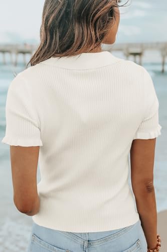 Image of Womens Short Sleeve Sweater Tops V Neck Button Collared Ribbed Knit Pullover Shirt Slim Cropped Fall Blouse Tee
