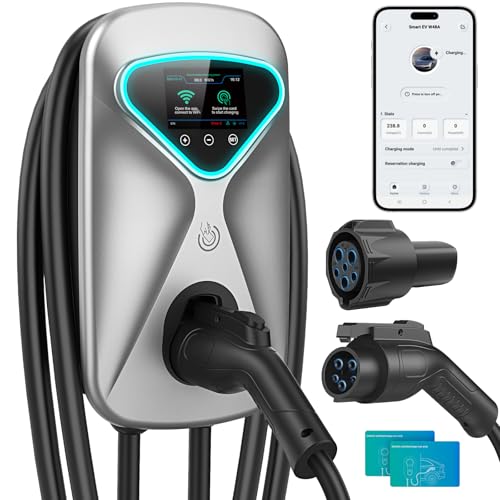 Image of Level 2 EV Charger 50 Amp Hardwired, 48 Miles Range /Hour Smart Electric Vehicle Charging Station with WiFi App, 25ft Cable, RFID & LCD Display, J1772 & Tesla Adapter, 120V Indoor /Outdoor(Silver)