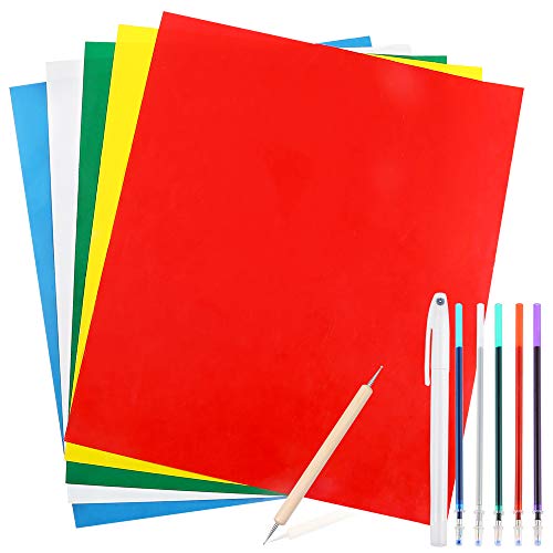 Caydo 5 Pieces Transfer Paper with Embossing Stylus, Water-Soluble Pens, Carbon Tracing Paper on Cross Stitch Cloth, Canvas, Wood for Home Sewing Paint Kit