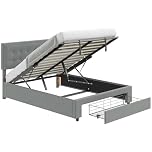 HOMCOM Upholstered Ottoman Bed with Storage Drawer and Adjustable Headboard, 4ft6 Double Size Bed Frame with Gas Lift End Opening, Wooden Slats, No Mattress, Grey